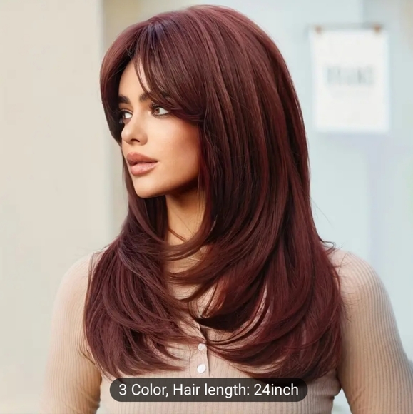 Burgundy Wig With Bangs 24 Inch Long Straight Burgundy Wig Layered - Picture 2 of 6